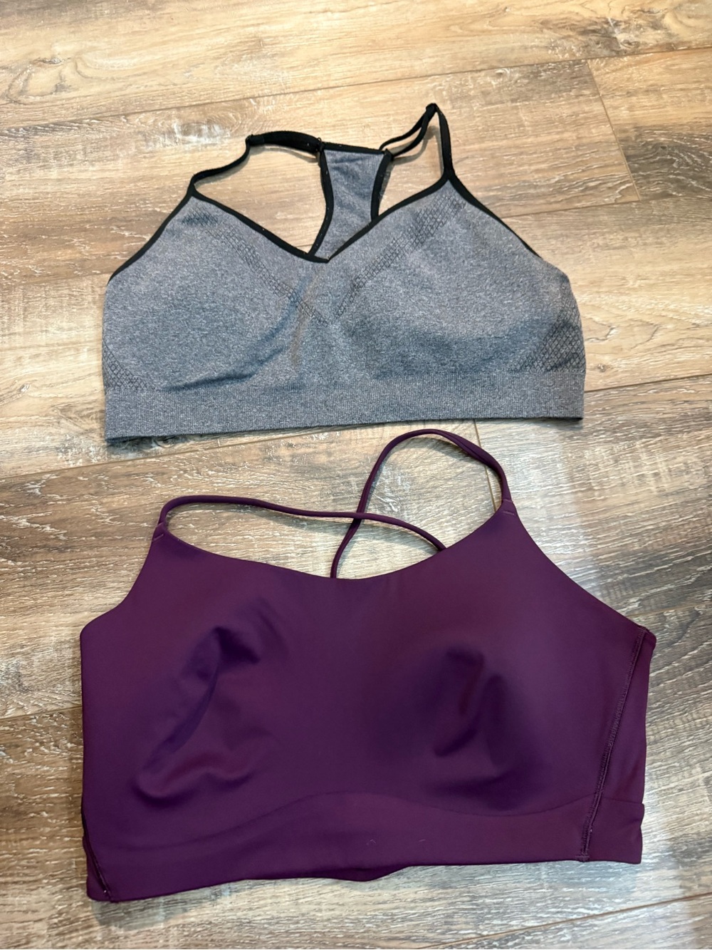 Hylete (Gray) and Calia (Plum) sports bras